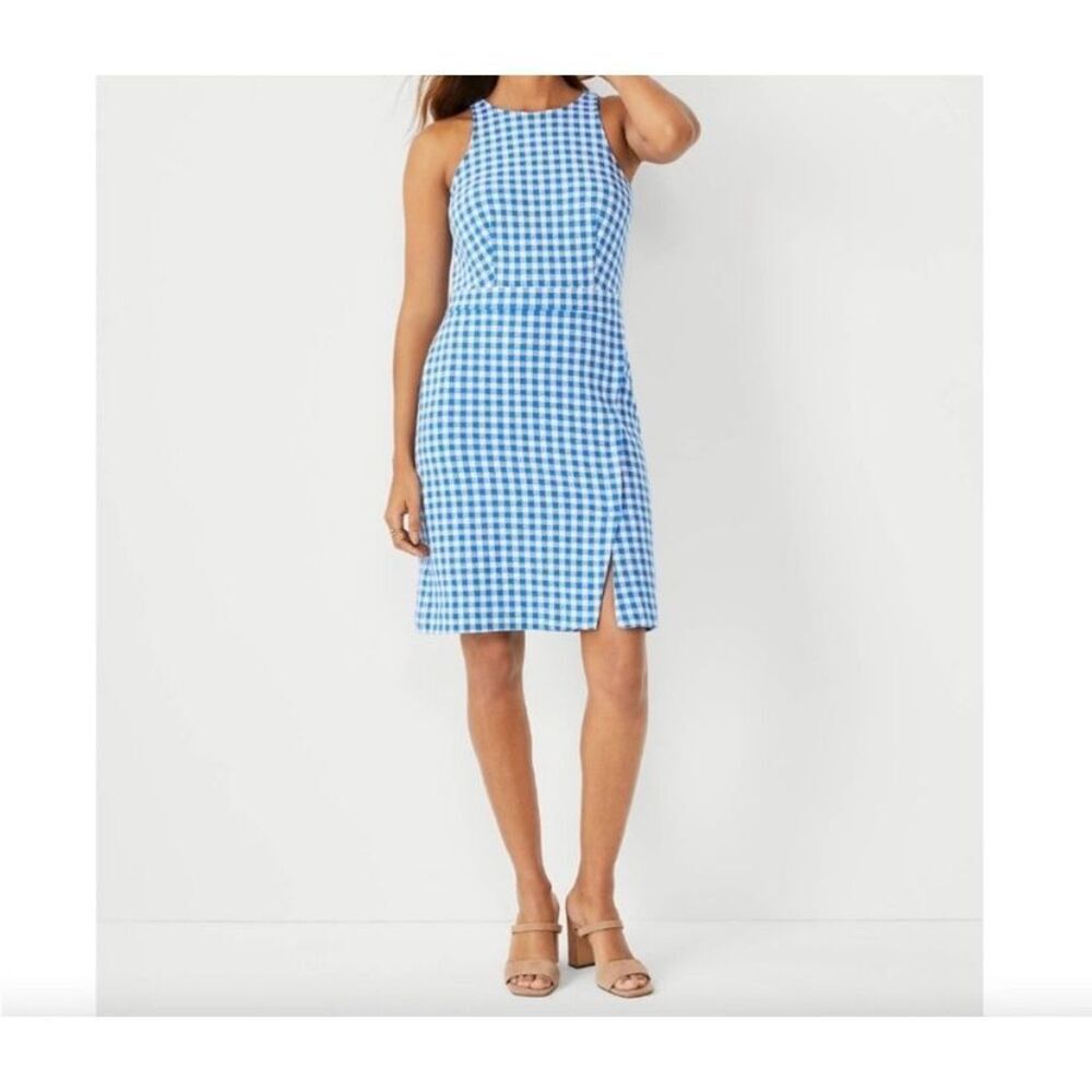 Ann Taylor gingham knit sheet dress, blue and white 8 tall